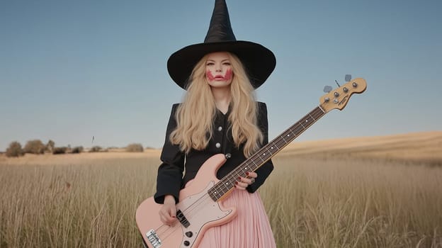 Female musician dressed as Halloween suit , performing at a Halloween party. Concept: party, music festival, promotion.