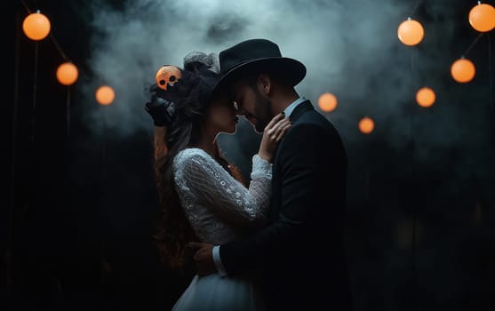 Handsome man in a hat and elegant woman in a dress in a classic interior. Halloween party carnival concept.