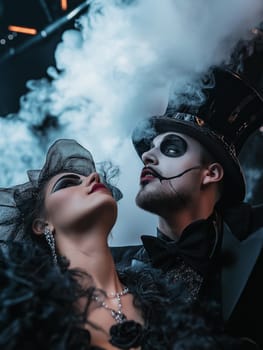 Handsome man in a hat and elegant woman in a dress in a classic interior. Halloween party carnival concept.