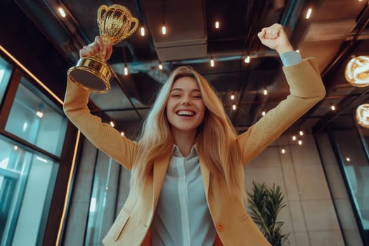Businesswoman holding a golden trophy or golden cup as a business achievement award.