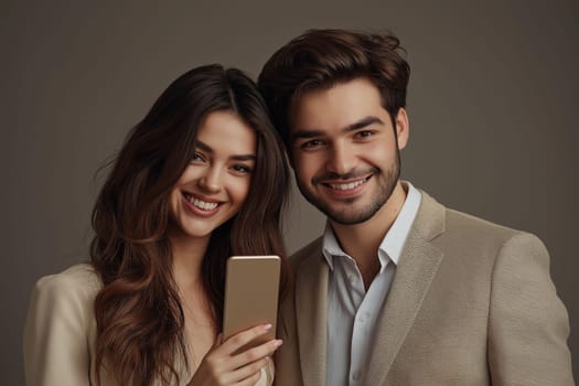 A cute and happy young couple using a smartphone to shop online. Concept sale ,  black Friday
