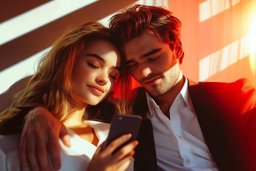 A cute and happy young couple using a smartphone to shop online. Concept sale ,  black Friday