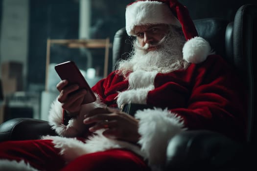Fashion photo: Santa is Santa confirms mobile phone order online . Concept Delivery man dressed up to deliver on Christmas Day. Order online.