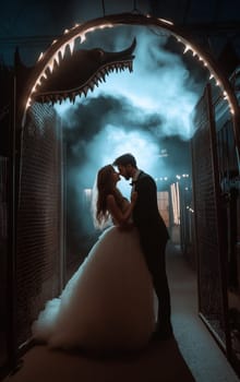 Handsome man in a hat and elegant woman in a dress in a classic interior. Halloween party carnival concept.