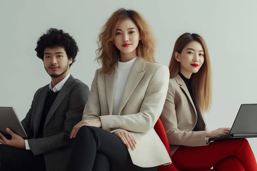 A diverse group of businesspeople discuss together in a modern workspace.