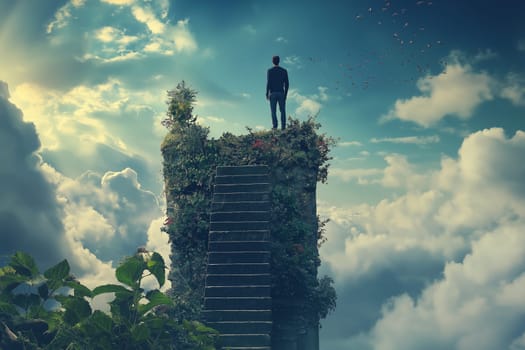 Businessman overcomes obstacles, climbs up top of peakstairs , organizes the ultimate, concept, success, perseverance , competition and leader
