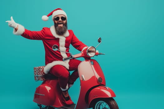 Fashion photo: Santa is riding a motorcycle scooter . Concept Delivery man dressed up to Ready Go Christmas Shopping  on Christmas Day.