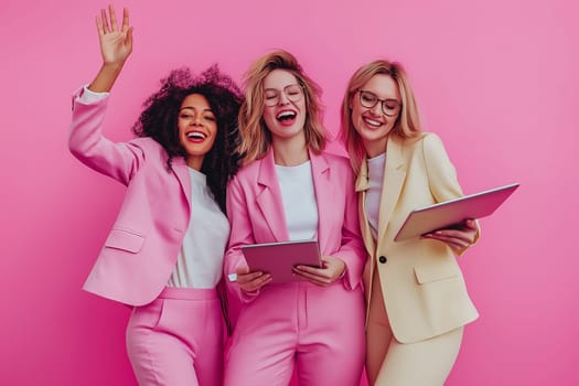 A diverse group of businesspeople discuss together in a modern workspace.