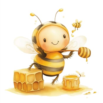 Watercolor illustration of a cute cartoon bee on a white background.