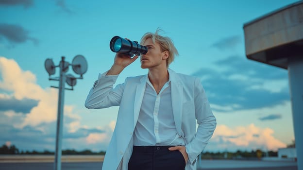 Businessman looking through binoculars, concept, leadership vision