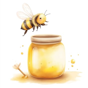 Watercolor illustration of a cute cartoon bee on a white background.