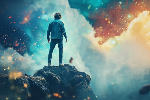 Businessman overcomes obstacles, climbs up top of peak mountain , organizes the ultimate, concept, success, perseverance , competition and leader