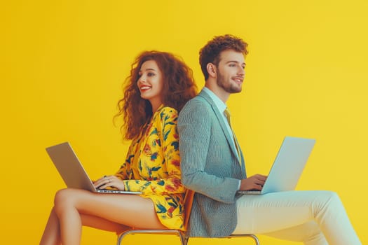 Happy business couple looking at a laptop use wireless netbook develop project