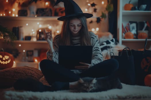 Thoughtful woman holding laptop with black cat on home, considering ideas or tasks, sitting at home. Dreamy young woman touching chin and looking into the distance, lost in thought, shopping online and going to a Halloween party.