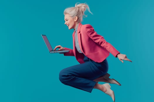 Striking fashion portrait Elegant studio Shot of Smiling, happy, cheerful and successful businesswoman in casual jacket working in front of laptop, isolated on pastel background.