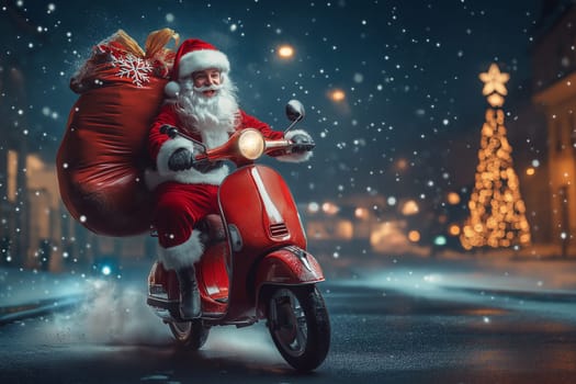 Fashion photo: Santa is riding a motorcycle scooter in city . Concept Delivery man dressed up to deliver on Christmas Day. Order online.