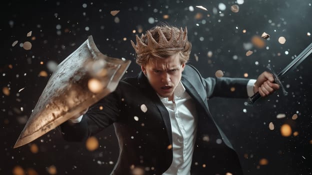 A businessman wearing a crown, holding a sword and shield, acting fierce, solemn, and brave like a warrior going to war. The idea is to dedicate oneself to overcome obstacles for success in business.