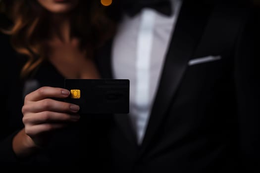 Featured fashion photo. Luxury studio shot. Certification or verification concept with the businessman holding black bank credit card