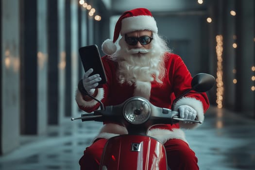 Fashion photo: Santa is riding a motorcycle scooter and Check delivery location. Concept Delivery man dressed up to deliver on Christmas Day. Order online.