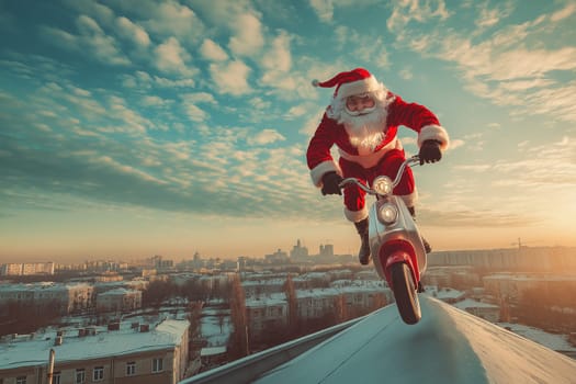 Fashion photo: Santa is riding a motorcycle scooter on roof  . Concept Delivery man dressed up to deliver on Christmas Day. Order online.
