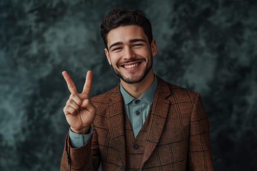 Striking fashion photoshoot. Luxury studio shot of a business man celebrating success and victory by making a ok sign with two fingers of his hand