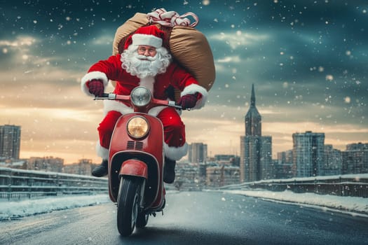 Fashion photo: Santa is riding a motorcycle scooter in city . Concept Delivery man dressed up to deliver on Christmas Day. Order online.