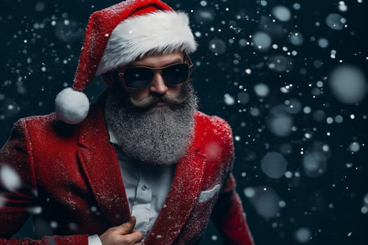 Striking fashion portrait: Elegant studio photo of a Santa is cool and determined to do Christmas work for success
