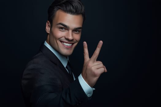 Striking fashion photoshoot. Luxury studio shot of a business man celebrating success and victory by making a ok sign with two fingers of his hand