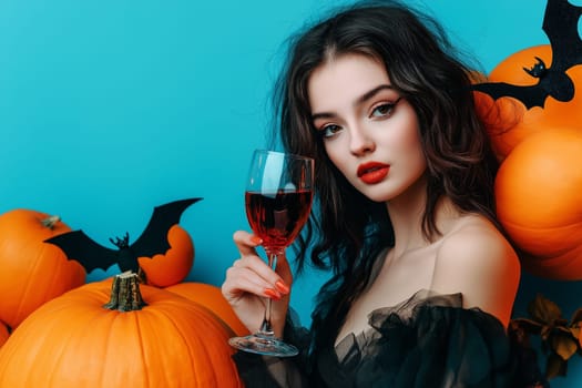 Fashion portrait Elegant Luxury Studio Shot of A cute woman dressed vampire costume drinks wine