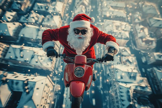 Fashion photo: Santa is riding a motorcycle scooter on sky  . Concept Delivery man dressed up to deliver on Christmas Day. Order online.