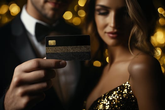 Featured fashion photo. Luxury studio shot. Certification or verification concept with the businessman holding black bank credit cards with a woman.