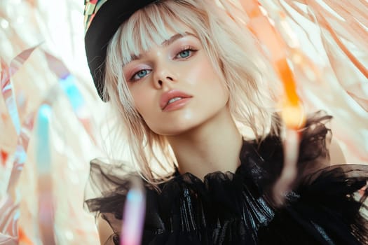 Fashion photo of  Happy smiling woman holding gift box in luxury atmosphere at party. Concept of Christmas, Happy New Year, Birthday.