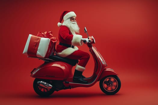Fashion photo: Santa is riding a motorcycle scooter . Concept Delivery man dressed up to deliver on Christmas Day. Order online.