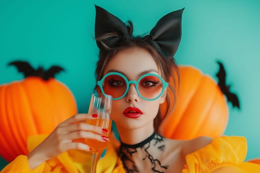Fashion portrait Elegant Luxury Studio Shot of A cute woman dressed Werewolf costume drinks wine