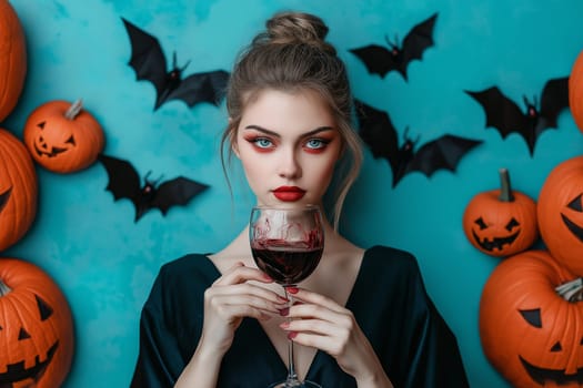 Fashion portrait Elegant Luxury Studio Shot of A cute asian girl dressed Dracula costume drinks wine with wine stains on her mou