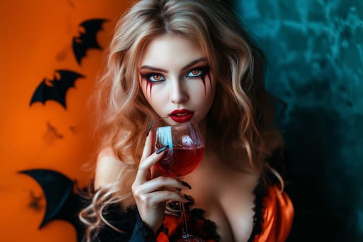 Fashion portrait Elegant Luxury Studio Shot of A cute asian girl dressed Dracula costume drinks wine