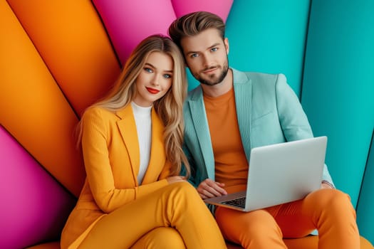 Happy business couple looking at a laptop use wireless netbook develop project