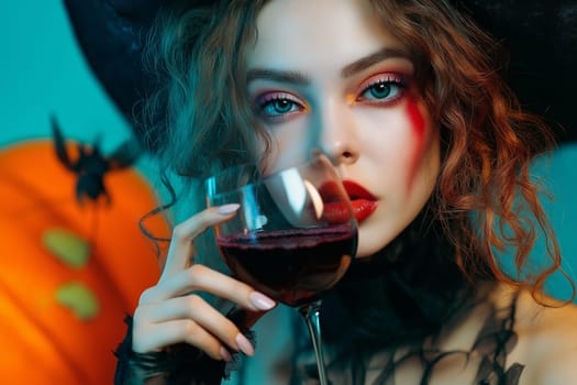 Fashion portrait Elegant Luxury Studio Shot of A cute woman dressed Witch costume drinks wine