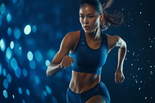 imagine striking fashion portrait Elegant studio photo Luxury Studio Shot of A strong athletic, woman wear wearing in the sportswear sprinter, running on black background