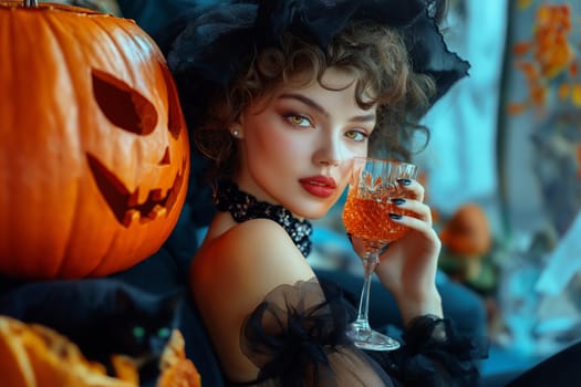 Fashion portrait Elegant Luxury Studio Shot of A cute woman dressed witch costume drinks wine