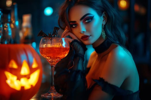 Fashion portrait Elegant Luxury Studio Shot of A cute woman dressed vampire costume drinks wine