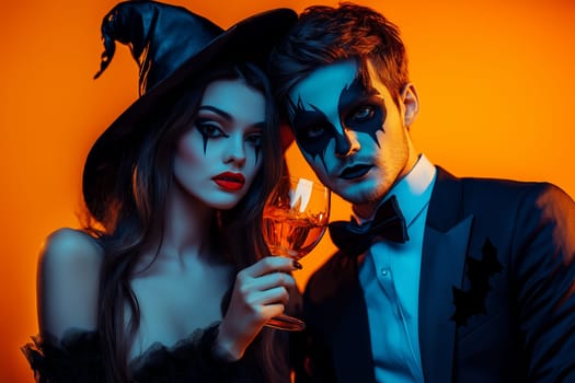 Fashion portrait Elegant Luxury Studio Shot of A cute couple dressed Dracula costume and witch drinks wine