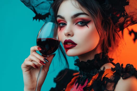 Fashion portrait Elegant Luxury Studio Shot of A cute woman  dressed Dracula costume drinks wine with wine stains on her mouth