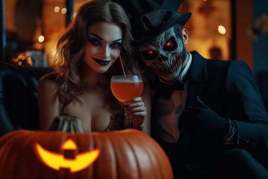 Fashion portrait Elegant Luxury Studio Shot of A cute couple dressed Dracula costume and skull  drinks wine with wine stains on her mouth