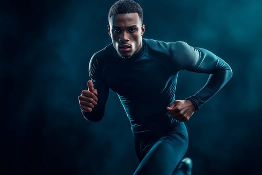 striking fashion portrait Elegant studio photo Luxury Studio Shot of A strong athletic, man wear wearing in the sportswear sprinter, running on black background