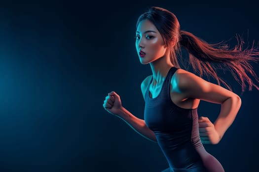 imagine striking fashion portrait Elegant studio photo Luxury Studio Shot of A strong athletic, woman wear wearing in the sportswear sprinter, running on black background
