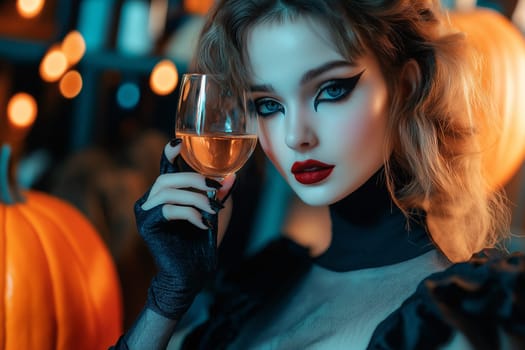 Fashion portrait Elegant Luxury Studio Shot of A cute  girl dressed Dracula costume drinks wine with wine stains on her mouth