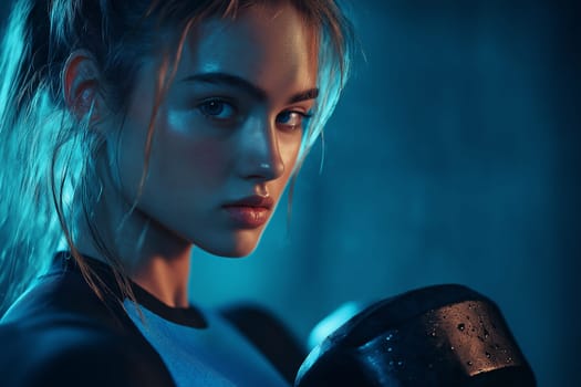 striking fashion portrait Elegant studio photo Luxury Studio Shot of A strong athletic, woman wearing athletic wear lifts a dumbbell on black background