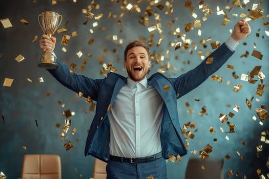 Businessman holding a golden trophy or golden cup as a business achievement award.