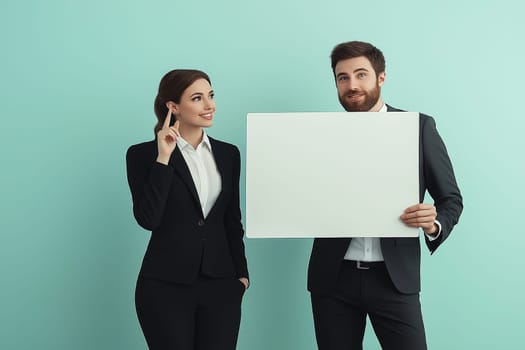 Businessman and Businesswoman team maketing holding a white Speech Bubble, space for text